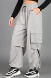 Grey poly blend high-waisted lose cargo trousers for women and girls, featuring practical side pockets and versatile wear
