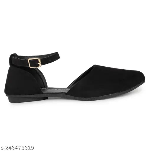 Suede embellished black ankle flat sandals for women & girls, trendy party footwear with adjustable strap and belly detail