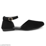 Suede embellished black ankle flat sandals for women & girls, trendy party footwear with adjustable strap and belly detail