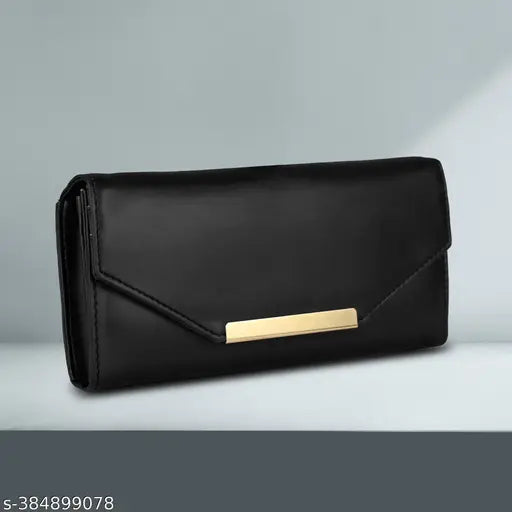 Black faux leather women's wallet, 4 card slots and phone pocket, organized storage with zipper pockets and dedicated notes compartment