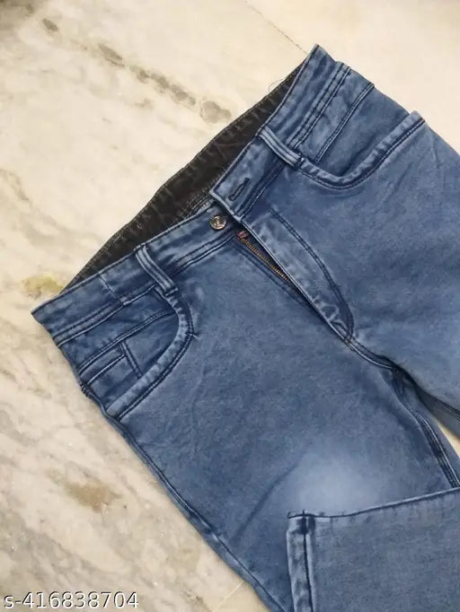 High-quality denim cotton jeans for men, dyed/washed in two pieces. Durable zippers and stretchable fit for a comfortable casual look. Made in India