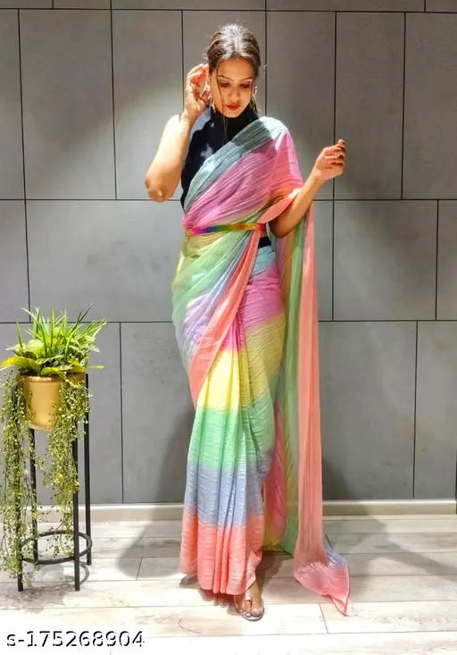 Multicolor Georgette saree with striped running blouse and solid velvet blouse, free size Indian fashion accessory