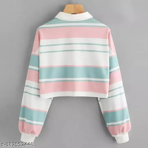 Pink and blue striped lycra long sleeve crop top for women, stylish and versatile fashion piece