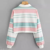 Pink and blue striped lycra long sleeve crop top for women, stylish and versatile fashion piece