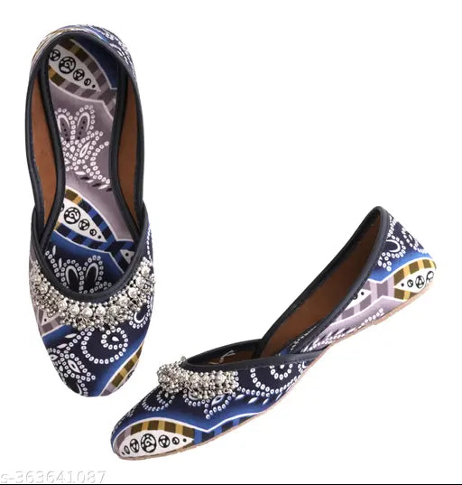 Handcrafted Quikni ethnic Jutis for women, textile sole, PVC printed, Indian comfort footwear in various designs and styles with unique straps and grippy soles (IND-3 to IND-10 sizes available)