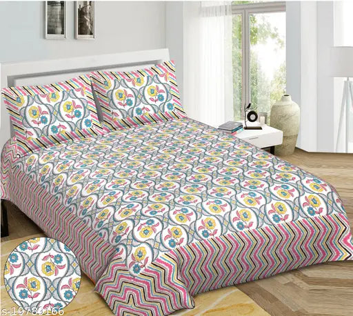 Homage Art cotton double bed sheets, 93x108 with 2 zipper pillow covers, India-made