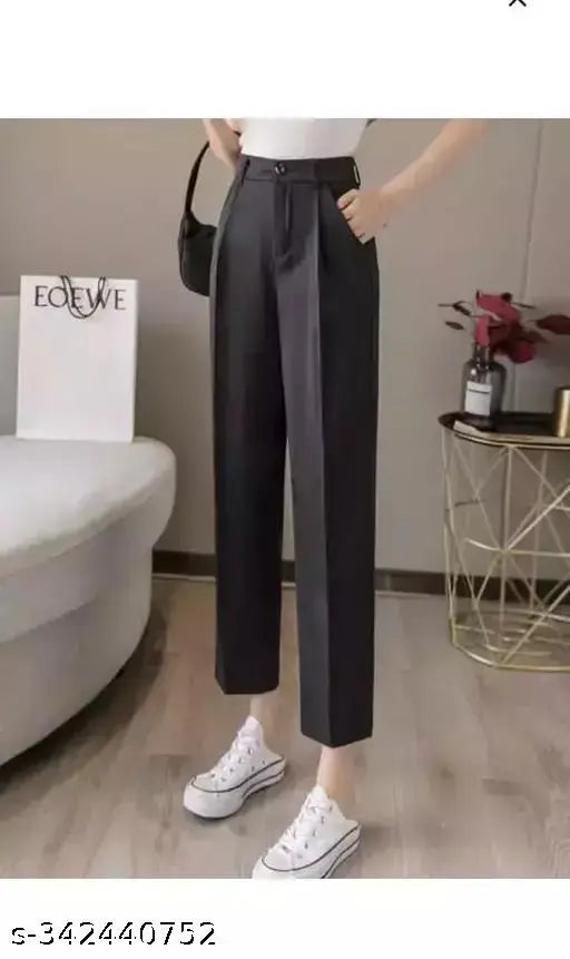 Solid cotton-lycra high waist trouser by Anara Fashion, perfect for women's casual wear. Two front pockets. Imported from India