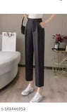 Solid cotton-lycra high waist trouser by Anara Fashion, perfect for women's casual wear. Two front pockets. Imported from India