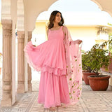 Georgette fabric women's sleeveless kurta palazzo set with dupatta, solid pattern from India. (Color and SEO keywords not provided)