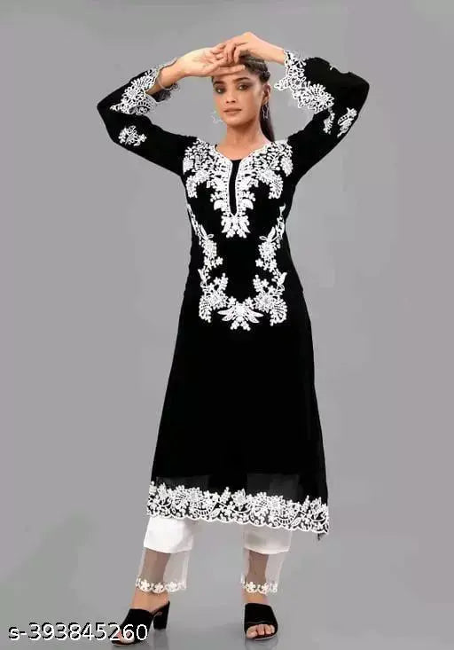 Floral embroidered Georgette-Crepe salwar suit set, new designer work with full sleeve top and white pent Kurta