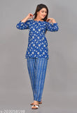Blue night suit, printed cotton pyjamas with three-quarter sleeves, available in M (38in top bust, 28in top length, 30in bottom waist, 40in bottom hip, 38in bottom length) and XXL (44in top bust, 31in top length, 36in bottom waist, 46in bottom hip, 41in bottom length), from India