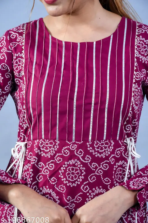 Gorgeous rayon wine-tiered gown with printed combo, long sleeves, size S-XXXXL on mannequin