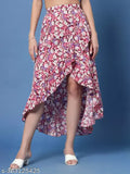 Pink printed net crepe skirt, high-low wrap style with ruffles, elastic waistband. OOMPH Women's floral layered skirt, India origin