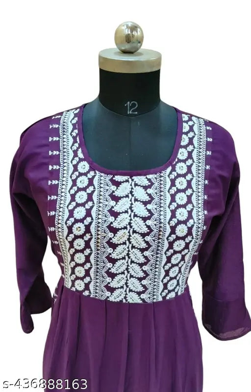Trending purple rayon Kurta set with leggings, solid net fabric, three-quarter sleeves, fashionable Indian clothing for women and girls, size S (36in bust), M (38in bust), L (40in bust), XL (42in bust)