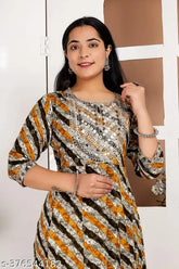 Foil print rayon Lahariya Anarkali Kurti for Women, 3/4 sleeves, floral embroidery, L size (bust 40in)