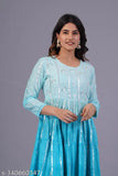 Striped cotton lurex anarkali gown, embroidered neck, three-quarter sleeves - Indian women's fashion