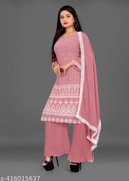Embroidered Georgette kurta sharara and dupatta set with palazzo bottomwear, three-quarter sleeves, perfect for festive wear or special occasions, size S, L, XXL, XXXL, made in India