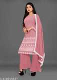 Embroidered Georgette kurta sharara and dupatta set with palazzo bottomwear, three-quarter sleeves, perfect for festive wear or special occasions, size S, L, XXL, XXXL, made in India