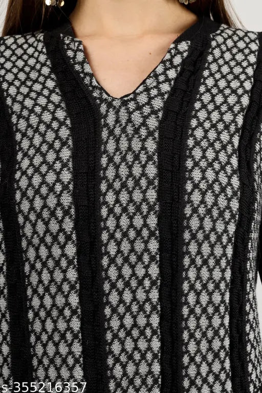 Elegant Wool A-line Kurta in intricate prints, long sleeves, L, XL, XXL. Luxurious wool fabric, versatile wardrobe staple with thoughtful design details and flattering silhouette. Made in India