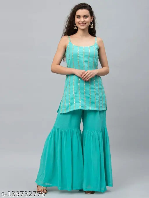 Georgette-stitched striped kurta with sharara, embroidered net, sleeveless, max bust size 52", highlighting the product type, material, pattern, and sizing range