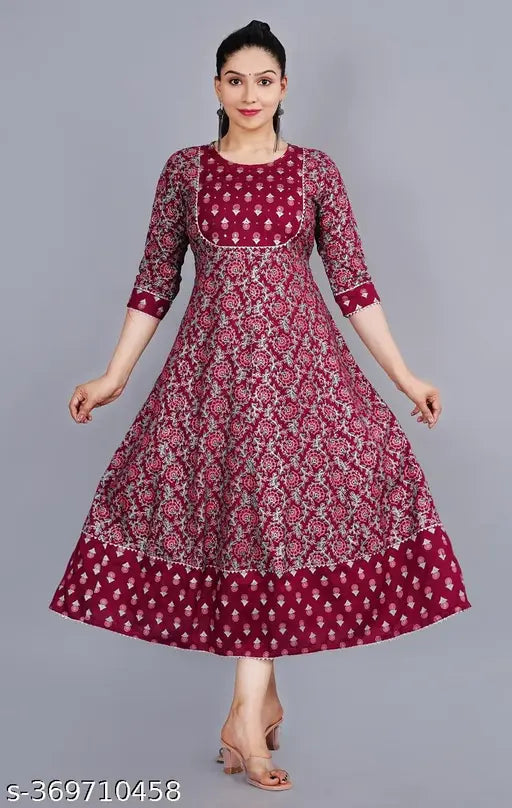 Women's wine-dyed printed Anarkali Kurta in viscose rayon, three-quarter sleeves, festive Jaal & Buti design