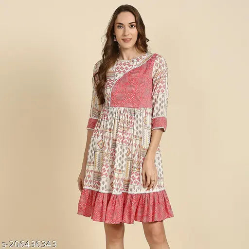 Madhuram Textiles floral print rayon short western dress, three-quarter sleeves, suitable for parties and festivals, made in India