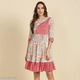 Madhuram Textiles floral print rayon short western dress, three-quarter sleeves, suitable for parties and festivals, made in India