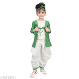 Light green coti kurta salwar from RK Collection, hand-embroidered with zari, suitable for festive kids parties. Three-quarter sleeves and knee-length, available in sizes 3-9 years. Indian ethnic wear for girls
