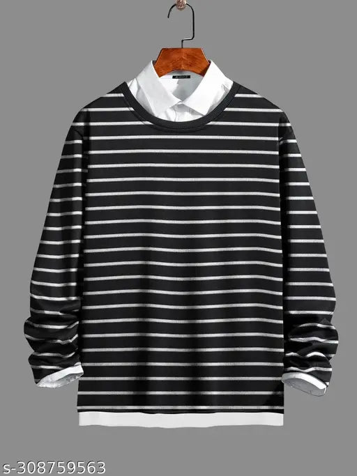 Black and white striped cotton blend slim fit polo t-shirt for men, long sleeves on display