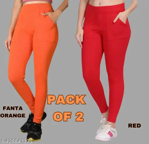 Cotton blend solid pocket jeggings, recycled hosiery cotton waste and polyester blend, high-waisted design, versatile for any occasion, India origin