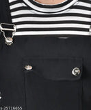 Black cotton-blend dungaree for women, solid net three-quarter sleeve style, size chart available in inches - Women's black dungaree on hanger