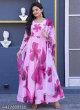 Purple Georgette Anarkali Kurta with flower print, India - Elegant full-sleeve dress with dupatta for women
