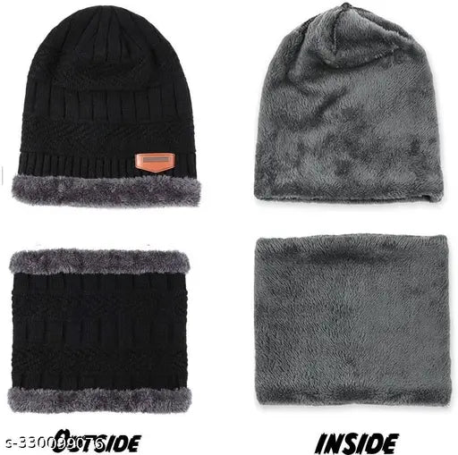 Wool Unisex Winter Wear Beanie Cap, Muffler Scarf & Gloves Combo - High-quality knitting acrylic & cotton, stylish for outdoor activities