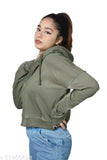 Olive cotton zipper crop jacket with drop shoulder and hooded neck, 100% cotton fleece, fully biodegradable, regular fit