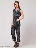 Classic designer women's crepe sleeveless jumpsuit, printed net, size M (36in bust, 52in length, 52in waist), Indian origin