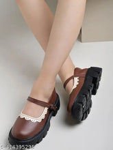 Synthetic brown round toe Mary Janes with side buckle and white lace detailing for women and girls, made in India