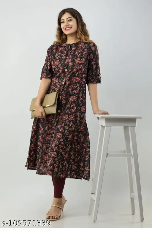 Beautiful floral print cotton kurti with pockets, three-quarter sleeves, Indian crafted