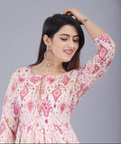 Printed rayon calf-length kurti for women, mirror work Nayra cut design, three-quarter sleeves