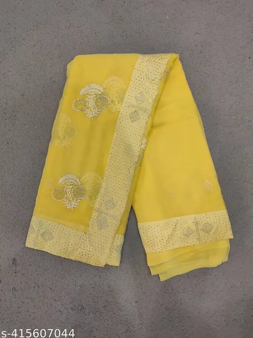 Yellow embroidered chiffon saree with running blouse, Indian ethnic wear for women