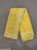 Yellow embroidered chiffon saree with running blouse, Indian ethnic wear for women