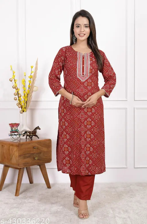 Maroon rayon embroidered bandej print kurta set with matching pants, perfect for party wear