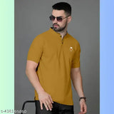 Mandarin collar men's t-shirt, polyester, solid color, short sleeves. Stylish casual wear from India." (105 characters)