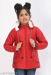 Colorblocked polyester girls jacket with pockets and zipper, warm winter wear for 7-9 year olds