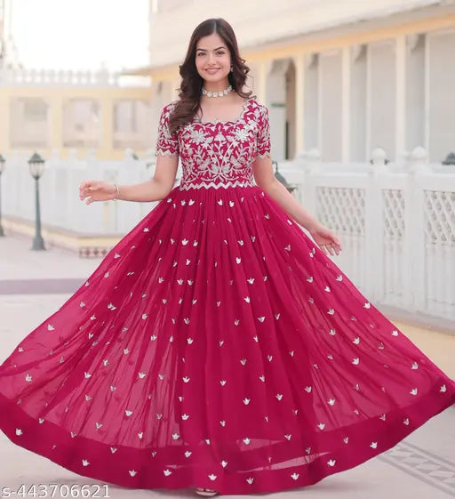 Georgette Anarkali Gown, short sleeves, self-design, S (36in bust, 14in shoulder), festive Indian fashion