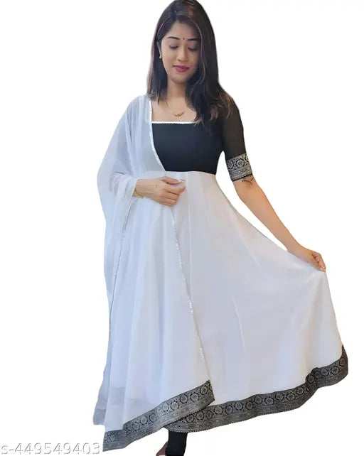Georgette black bordered lace gown with duppatta, square neck short sleeves, free jhumka - traditional Indian women's party wear