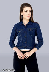 Denim waistcoat for women, solid net pattern, three-quarter sleeves. Classic denim jacket for partywear, available in multiple colors