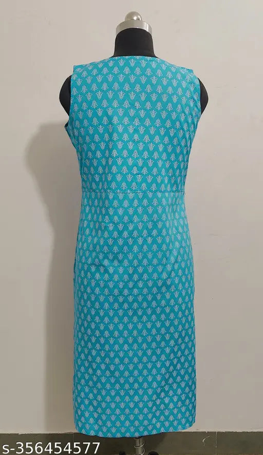 Blue rayon sleeveless kurta, printed design, trendy round neck ankle length