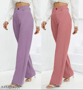 Solid cotton blend trendy retro combo trousers for women, set of two - Indian origin