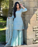 Georgette embroidered kurta set with dupatta and bottomwear, three-quarter sleeves, XL size (India)