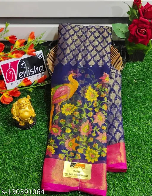 Chiffon Brasso peacock-2 saree with zari woven pattern, free size Indian saree and matching chiffon running blouse